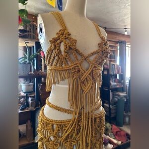 Original GoodVibeGoda Handmade Mustard Macramé Top and Skirt Set